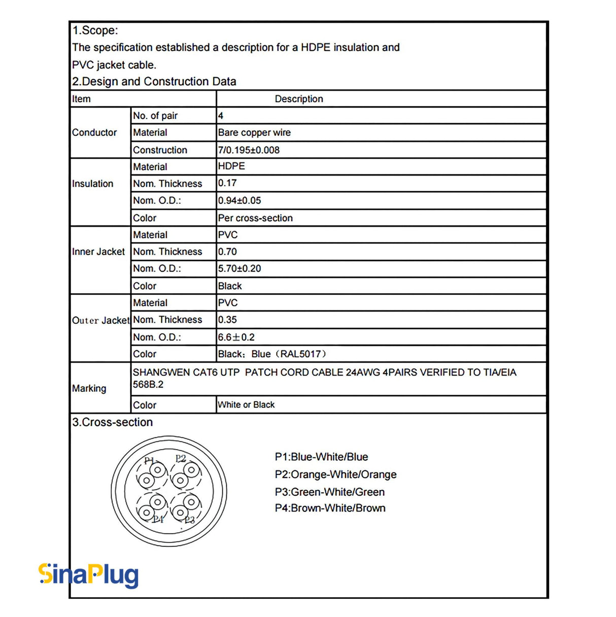 CAT6 UTP Ethernet Cable with SW8MC-A-2N Male Connector - 4 FT